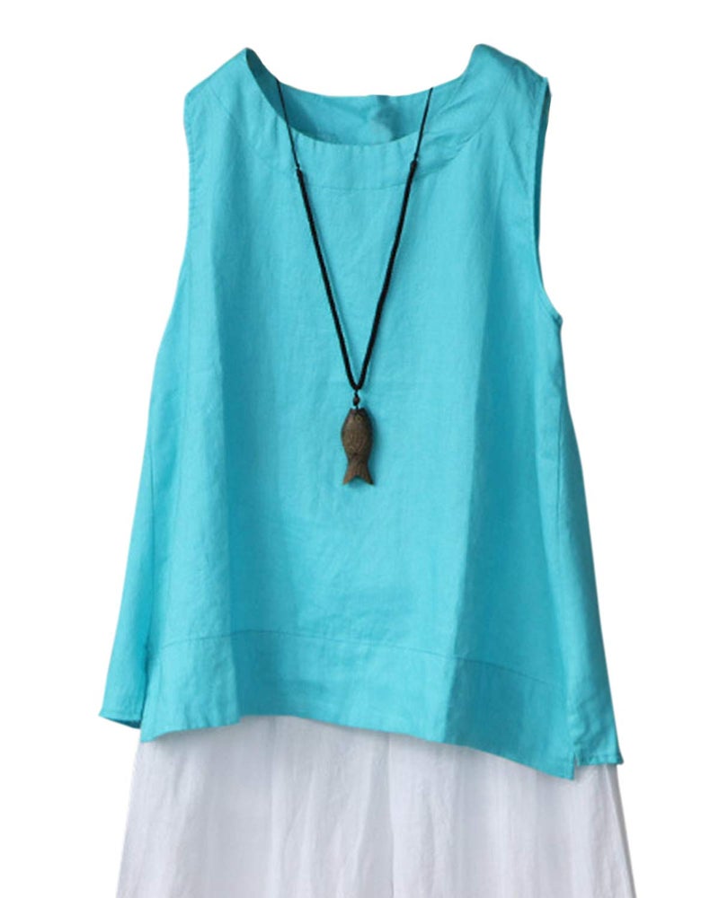IXIMO Women's 100% Linen Sleeveless Tank Tops Summer Shirts Casual Blouses Blue2 XXL - Image 1